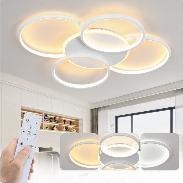 ZMH LED Deckenleuchte Wohnzimmer Dimmbar 5-Ringen 70W Deckenlampe für Büro Esszimmer, LED fest integriert, 3000-6500K, Weiß Modern Acryl Schlafzimmerlampe mit F