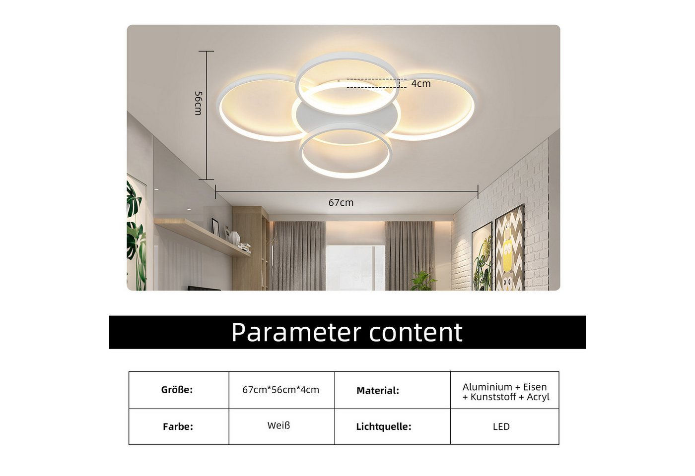 ZMH LED Deckenleuchte Wohnzimmer Dimmbar 5-Ringen 70W Deckenlampe für Büro Esszimmer, LED fest integriert, 3000-6500K, Weiß Modern Acryl Schlafzimmerlampe mit F – Bild 2 von 5