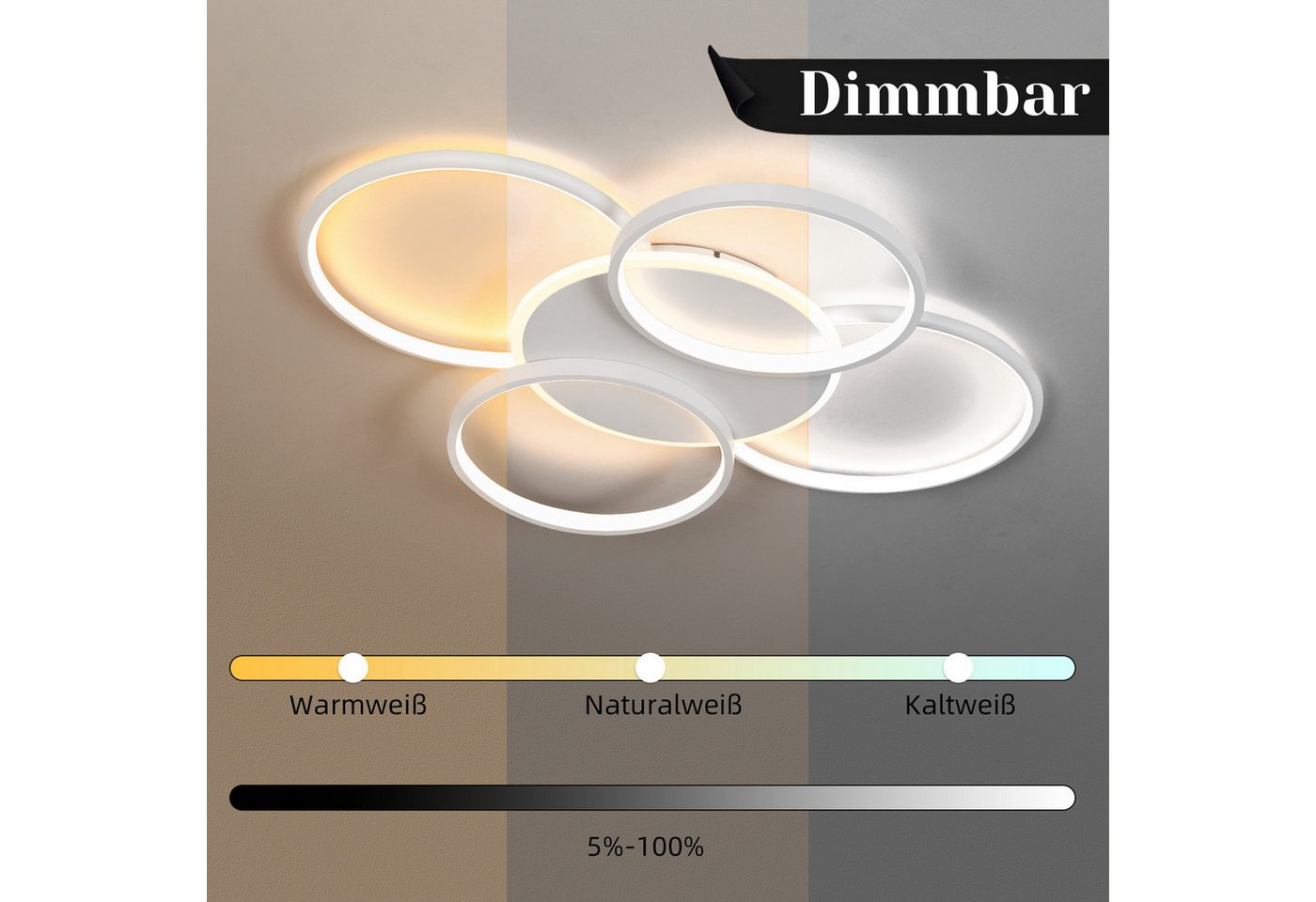 ZMH LED Deckenleuchte Wohnzimmer Dimmbar 5-Ringen 70W Deckenlampe für Büro Esszimmer, LED fest integriert, 3000-6500K, Weiß Modern Acryl Schlafzimmerlampe mit F – Bild 3 von 5