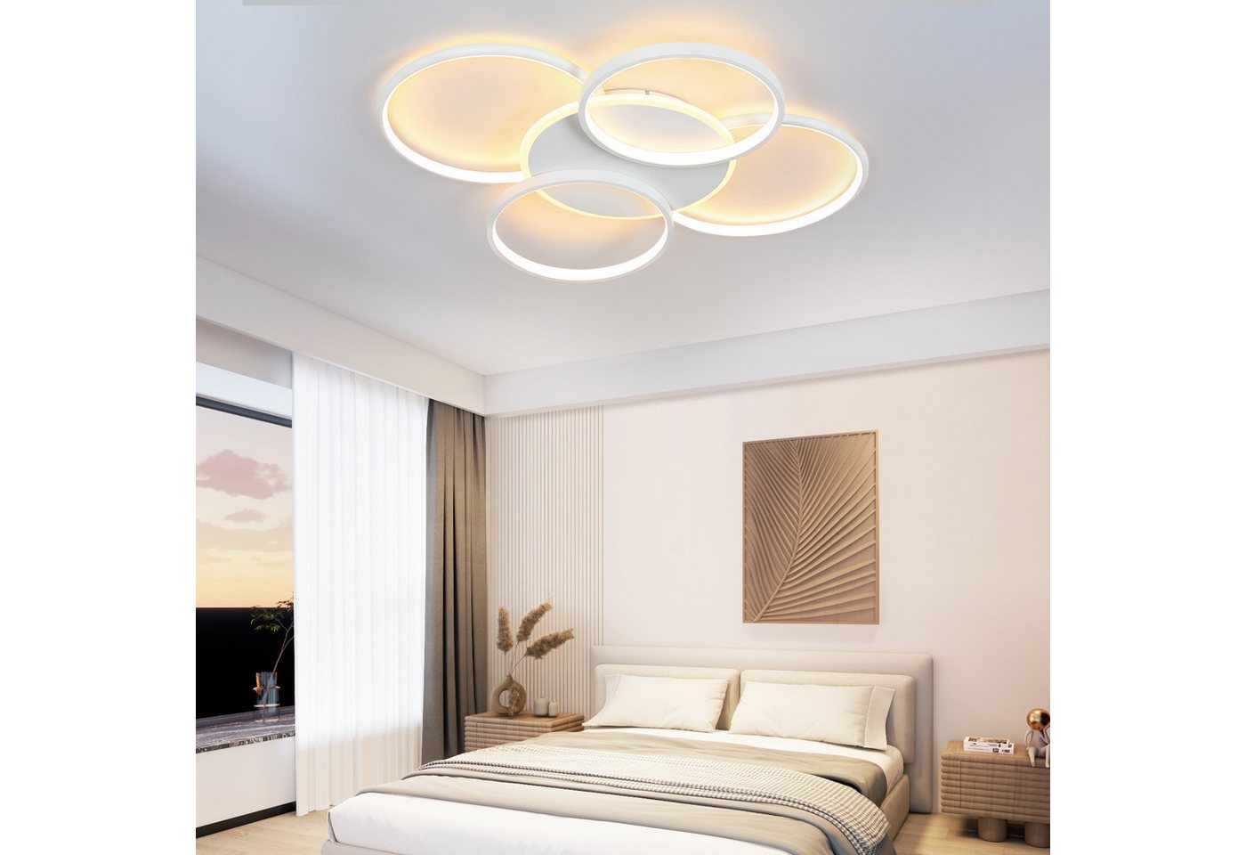ZMH LED Deckenleuchte Wohnzimmer Dimmbar 5-Ringen 70W Deckenlampe für Büro Esszimmer, LED fest integriert, 3000-6500K, Weiß Modern Acryl Schlafzimmerlampe mit F – Bild 5 von 5