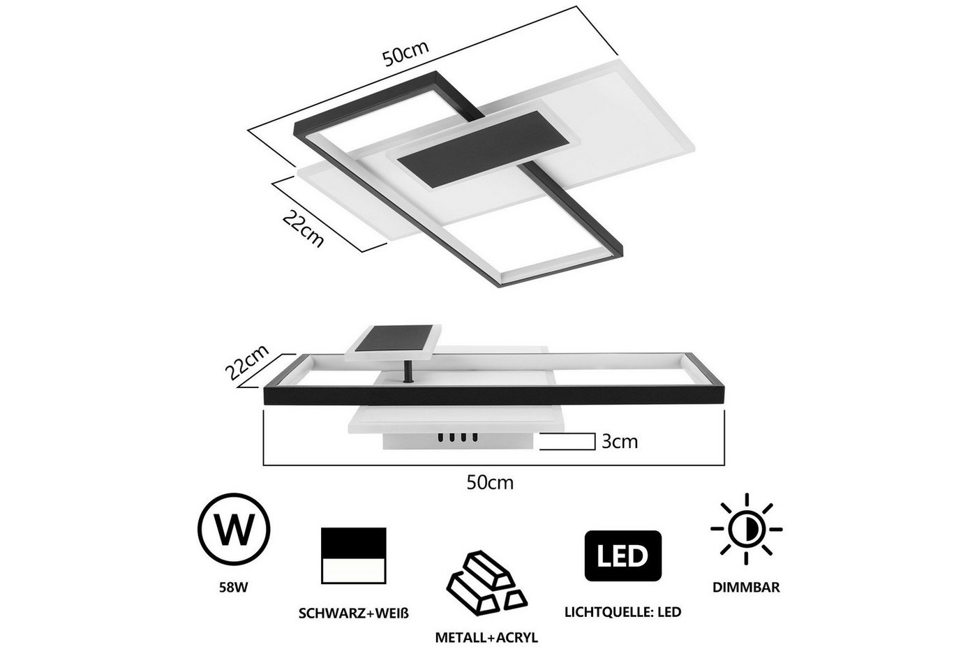 ZMH LED Deckenleuchte Wohnzimmer Dimmbar Deckenlampe Schwarz und Weiß Treppenhaus 58W, LED fest integriert, 3000-6500K, Modern Geometrische Schlafzimmerlampe mi – Bild 3 von 5
