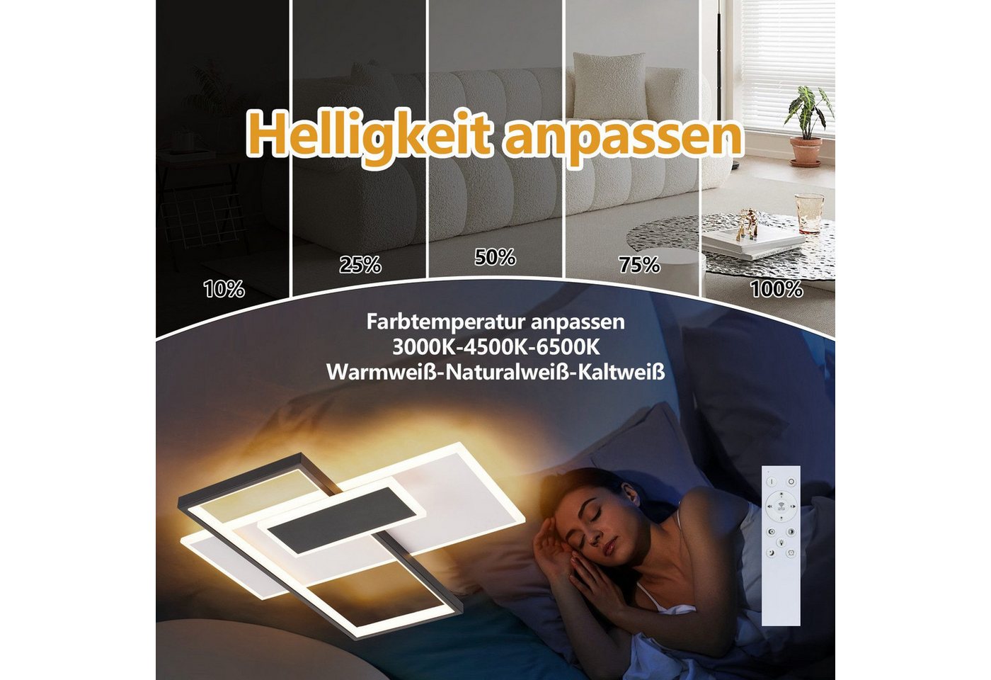 ZMH LED Deckenleuchte Wohnzimmer Dimmbar Deckenlampe Schwarz und Weiß Treppenhaus 58W, LED fest integriert, 3000-6500K, Modern Geometrische Schlafzimmerlampe mi – Bild 4 von 5