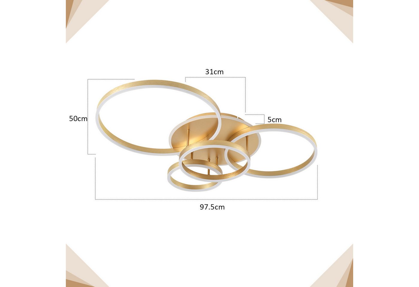 ZMH LED Deckenleuchte Wohnzimmer Modern Gold 2/3/4 Ring Design Deckenlampe Dimmbar, LED fest integriert, 3000-6500K, 65CM aus Acryl 90W Schlafzimmerlampe mit Fe – Bild 3 von 5