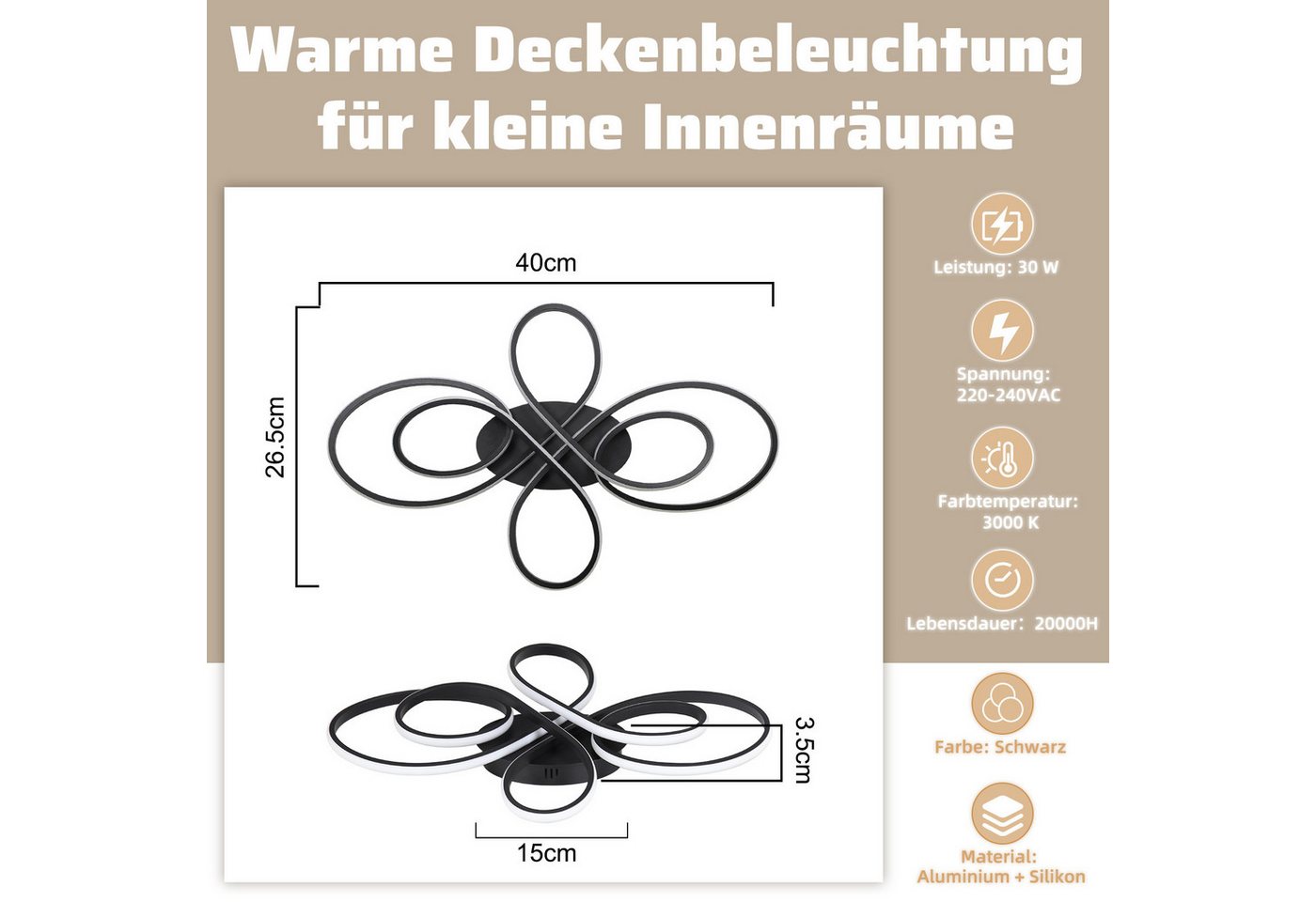 ZMH LED Deckenleuchte Wohnzimmer Modern Schmetterlingsform, nicht dimmbar, LED fest integriert, Warmweiß, kompakte flache Deckenlampe für Flur Küche Schlafzimme – Bild 3 von 5