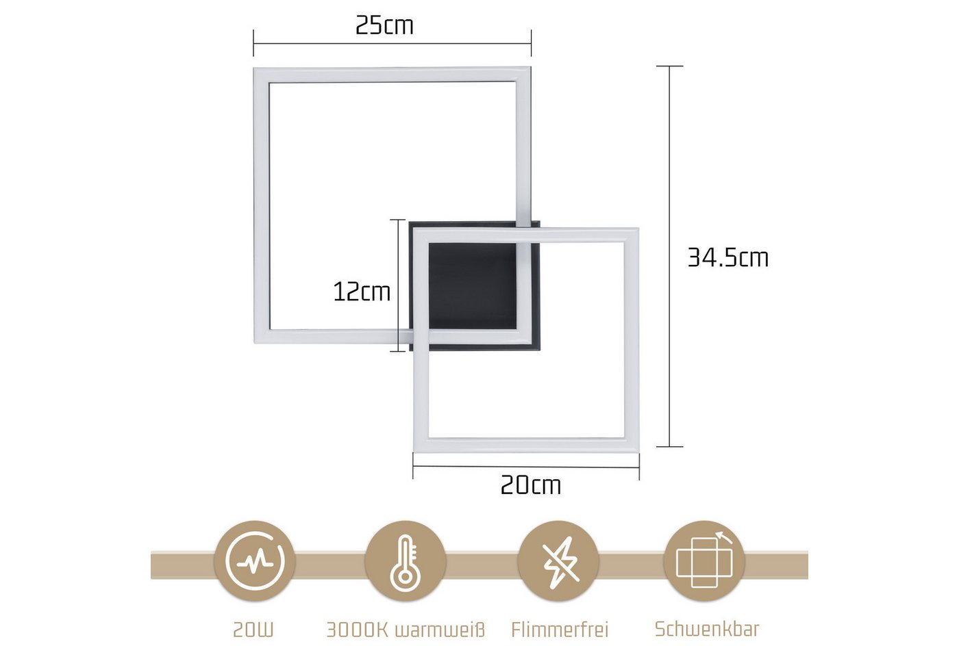 ZMH LED Deckenleuchte Wohnzimmer - Quadratisch Schwarz Eckig 3000K/4000K Deckenlampe Flur, LED fest integriert, Warmweiß – Bild 3 von 5
