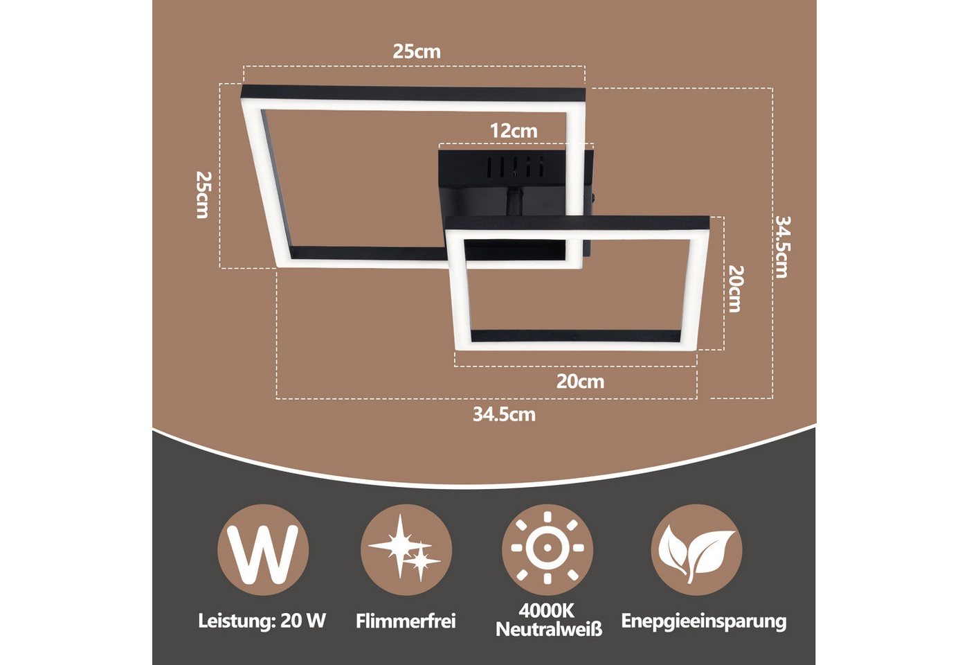 ZMH LED Deckenleuchte Wohnzimmer - Quadratisch Schwarz Eckig 3000K/4000K Deckenlampe Flur, LED fest integriert – Bild 2 von 5