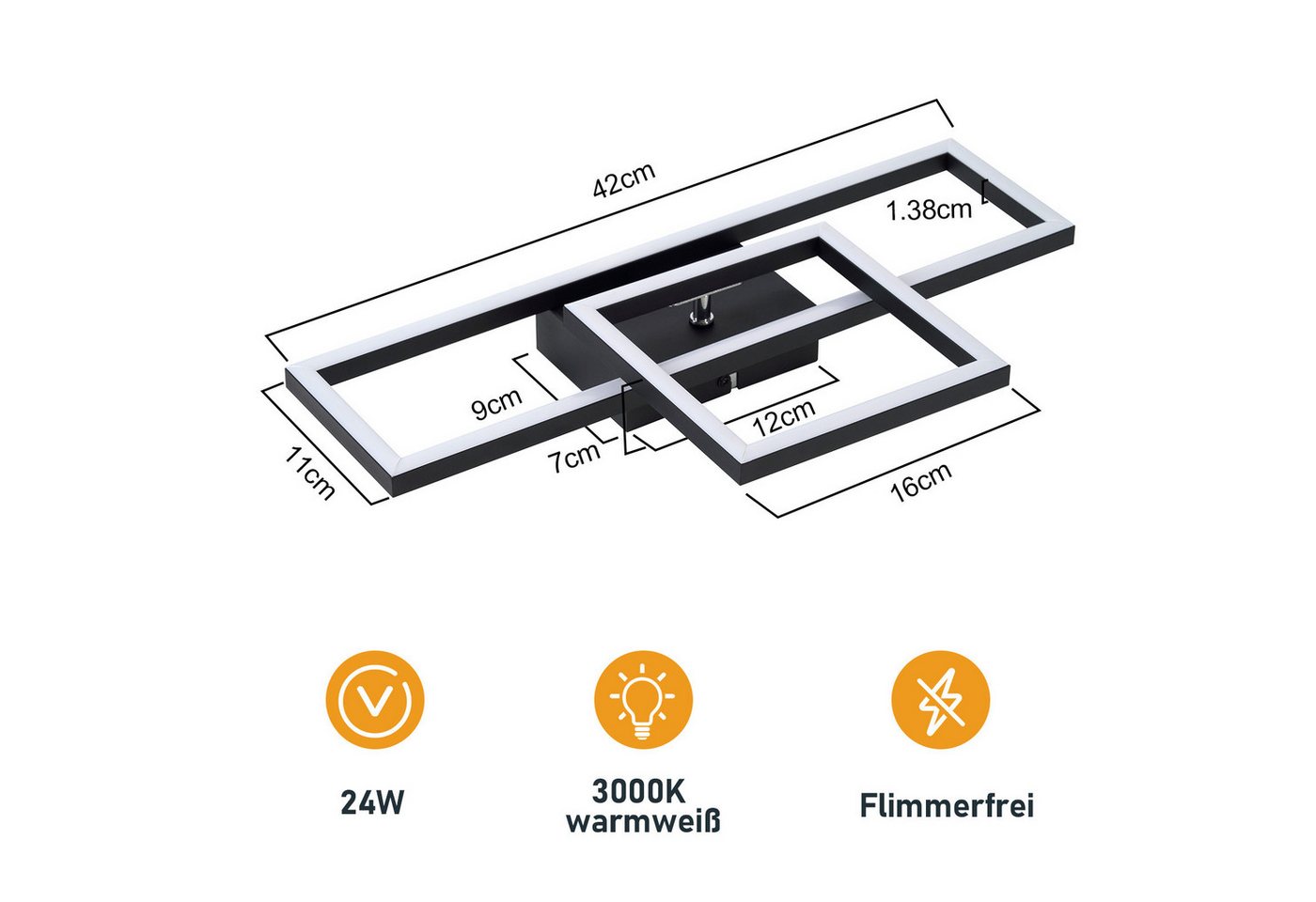 ZMH LED Deckenleuchte Wohnzimmer- Schwarz/Weiß 2 Rahmen 3000K Deckenlampe für Flur Küche – Bild 2 von 5
