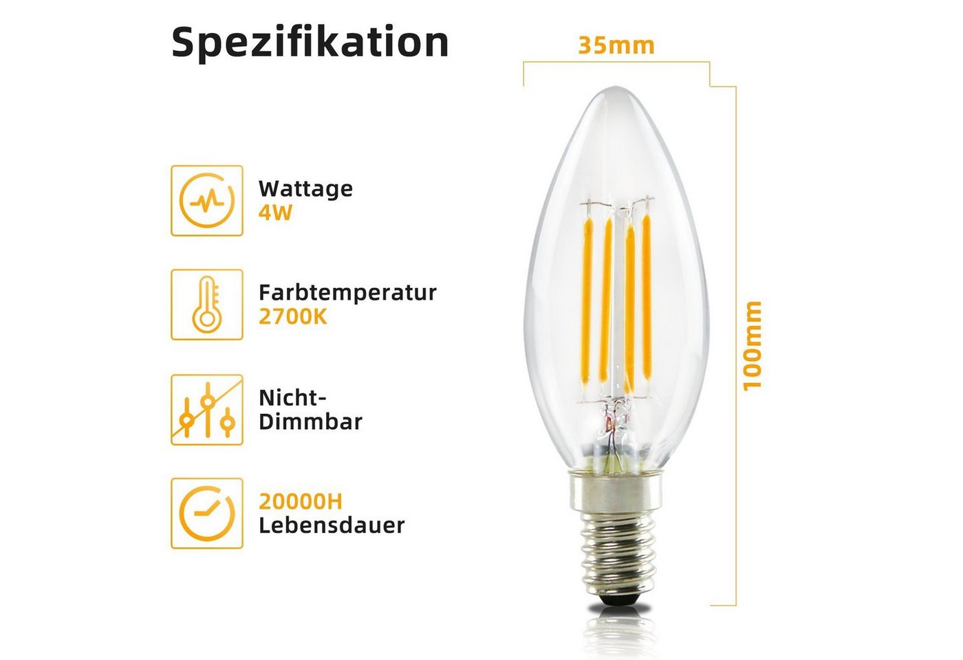 ZMH LED-Leuchtmittel C35 E14, LED Glühbirne Kerzenlampe 4 W, 2700 K warmweiß, E14, 6 St., Warmweiß, Filament klar, nicht dimmbar – Bild 2 von 5