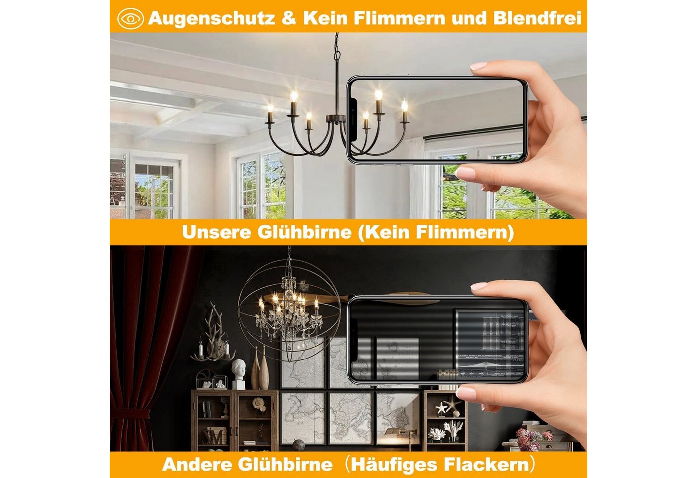 ZMH LED-Leuchtmittel C35 E14, LED Glühbirne Kerzenlampe 4 W, 2700 K warmweiß, E14, 6 St., Warmweiß, Filament klar, nicht dimmbar – Bild 3 von 5