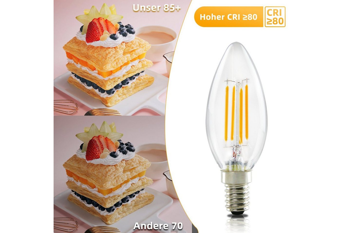 ZMH LED-Leuchtmittel C35 E14, LED Glühbirne Kerzenlampe 4 W, 2700 K warmweiß, E14, 6 St., Warmweiß, Filament klar, nicht dimmbar – Bild 5 von 5