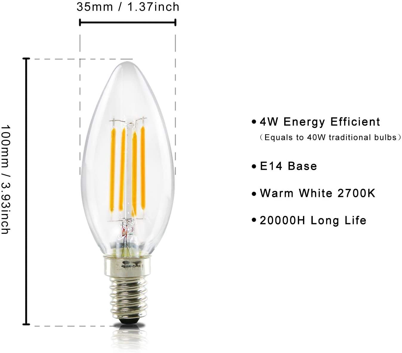 ZMH LED-Leuchtmittel E14 C35, Edison Kerzenlampe 4W, 6er-Pack, 2700 K warmweiß, E14, 6 St., Warmweiß, Filament Vintage, nicht dimmbar – Bild 5 von 5