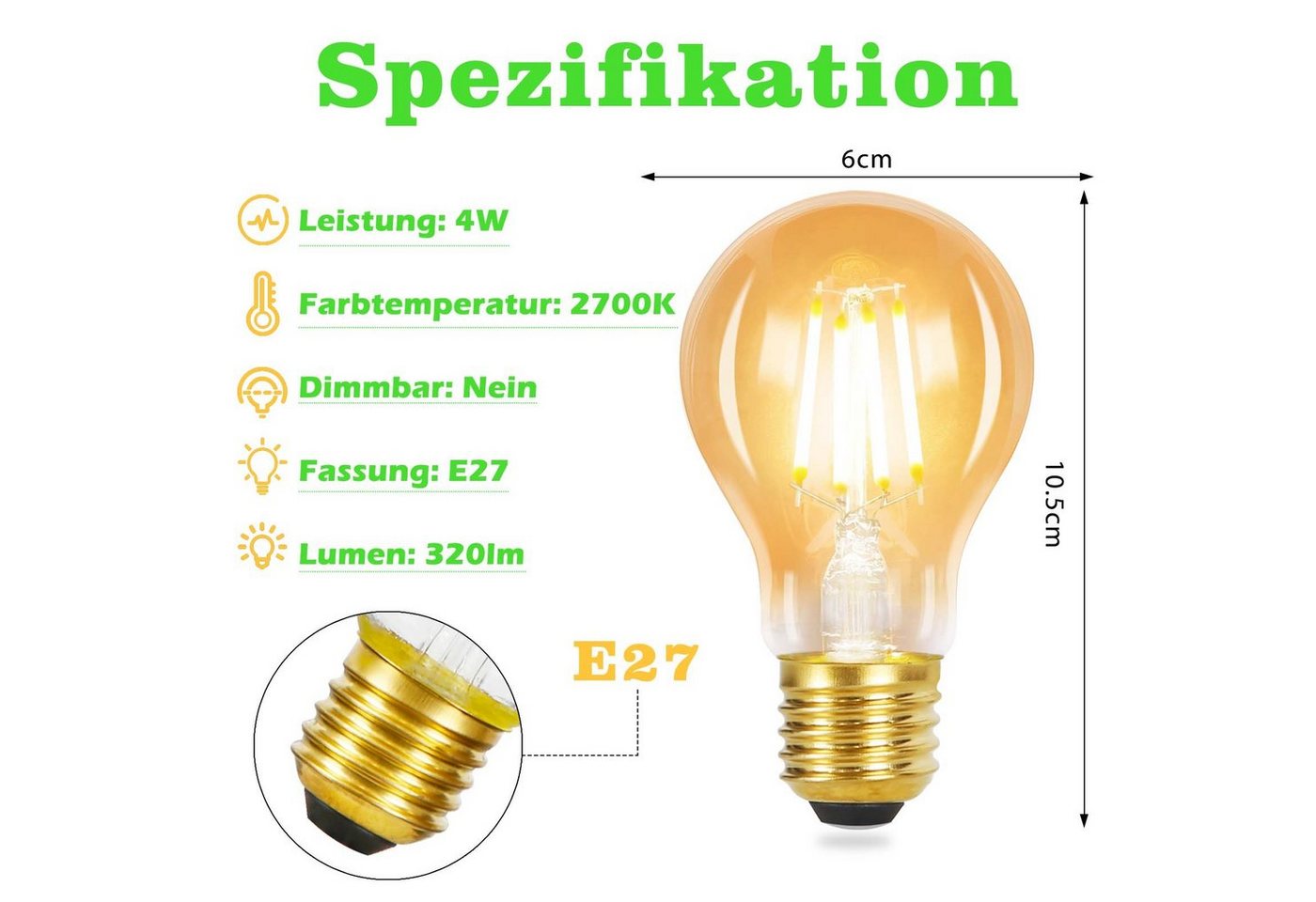 ZMH LED-Leuchtmittel E27 A60, Vintage Edison Glühbirne 4W, 2700K warmweiß, E27, 6 St., warmweiß, Filament klar, Retro LED-Lampe – Bild 2 von 5