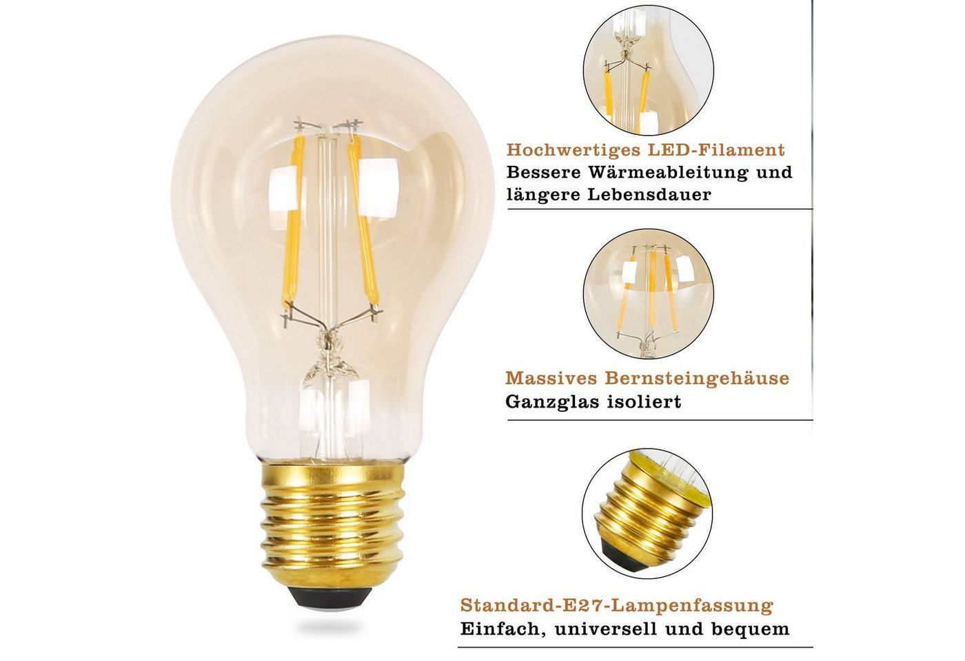 ZMH LED-Leuchtmittel E27 A60, Vintage Edison Glühbirne 4W, 2700K warmweiß, E27, 6 St., warmweiß, Filament klar, Retro LED-Lampe – Bild 4 von 5