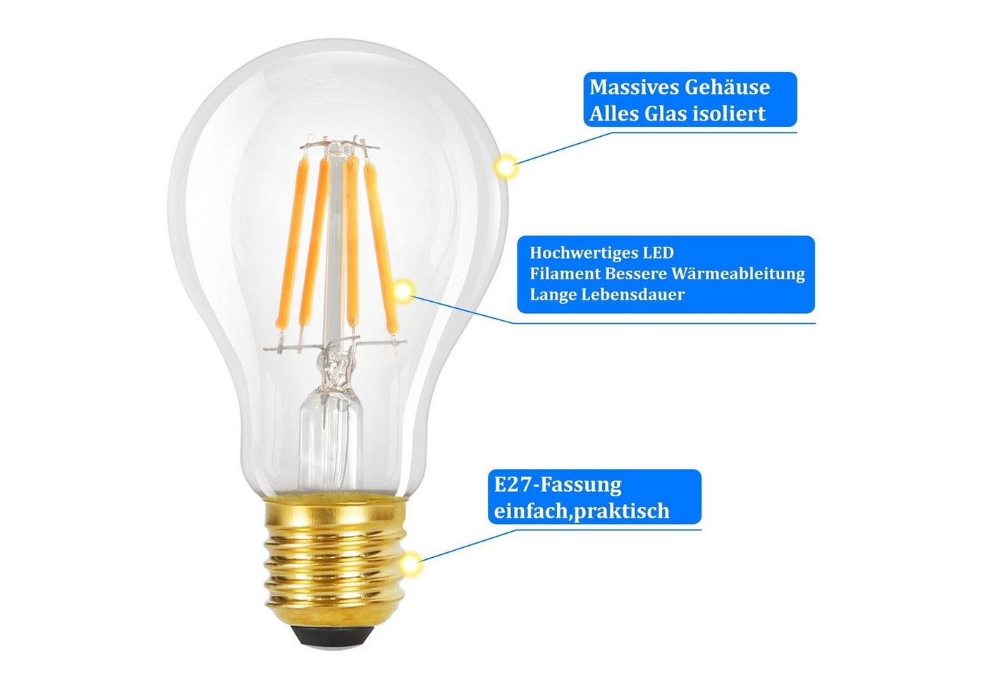 ZMH LED-Leuchtmittel E27 A60, Vintage Edison Glühbirne 4W, 2700K warmweiß, E27, 3 St., warmweiß, Filament klar, Retro LED-Lampe – Bild 2 von 5