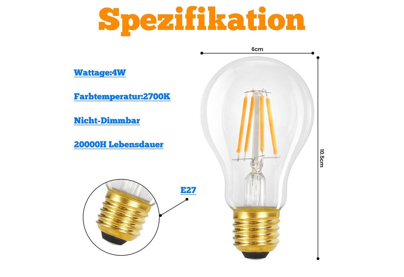 ZMH LED-Leuchtmittel E27 A60, Vintage Edison Glühbirne 4W, 2700K warmweiß, E27, 3 St., warmweiß, Filament klar, Retro LED-Lampe – Bild 4 von 5