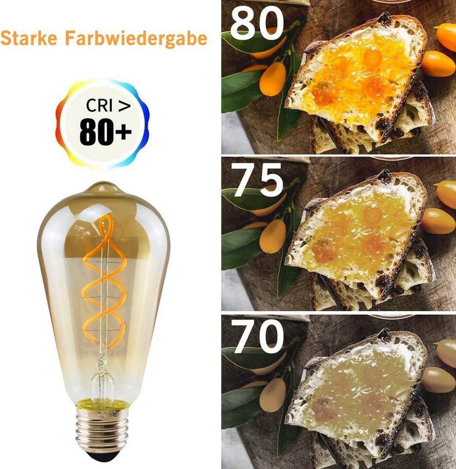 ZMH LED-Leuchtmittel Edison Glühbirne E27 ST64, 4 W, 2200 K extra warmweiß,nicht dimmbar, E27, 6 St., Warmweiß, bernsteinfarbenes Glas mit Filament, Vintage Lam – Bild 2 von 5