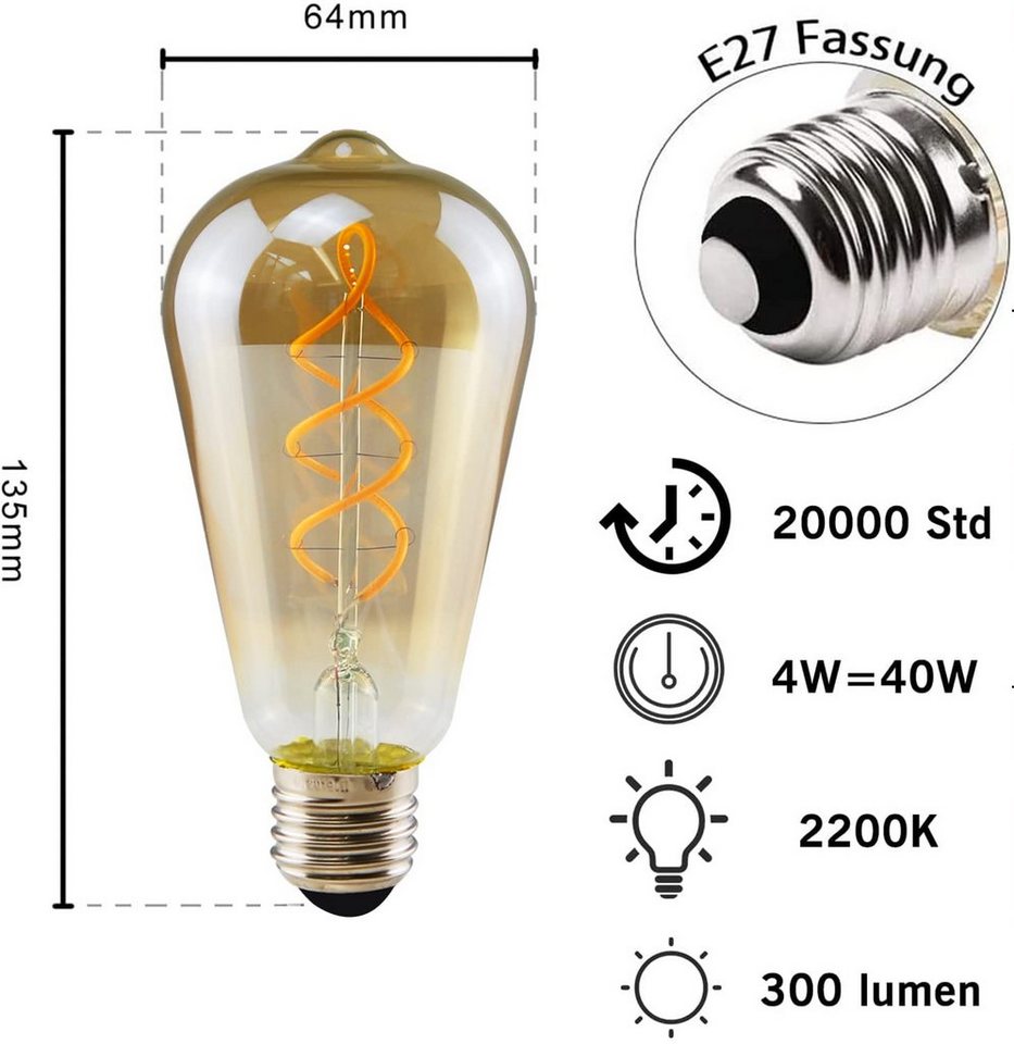 ZMH LED-Leuchtmittel Edison Glühbirne E27 ST64, 4 W, 2200 K extra warmweiß,nicht dimmbar, E27, 6 St., Warmweiß, bernsteinfarbenes Glas mit Filament, Vintage Lam – Bild 4 von 5