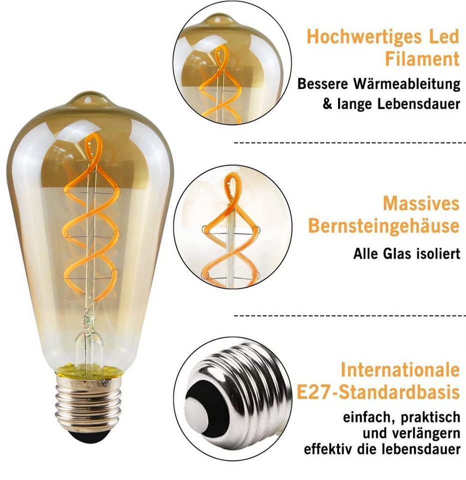 ZMH LED-Leuchtmittel Edison Glühbirne E27 ST64, 4 W, 2200 K extra warmweiß,nicht dimmbar, E27, 6 St., Warmweiß, bernsteinfarbenes Glas mit Filament, Vintage Lam – Bild 5 von 5