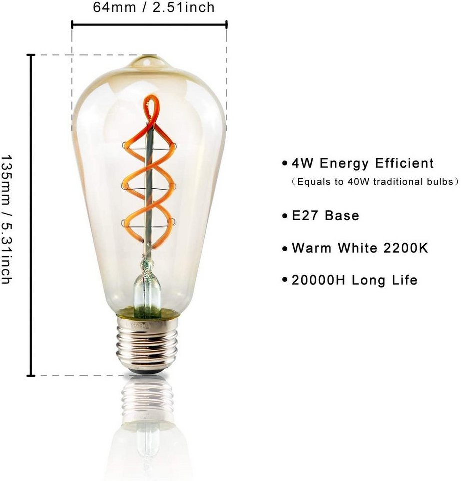 ZMH LED-Leuchtmittel Edison Glühbirne E27 ST64, 4 W, 2200 K extra warmweiß,nicht dimmbar, E27, 1 St., Warmweiß, bernsteinfarbenes Glas mit Filament, Vintage Lam – Bild 2 von 5