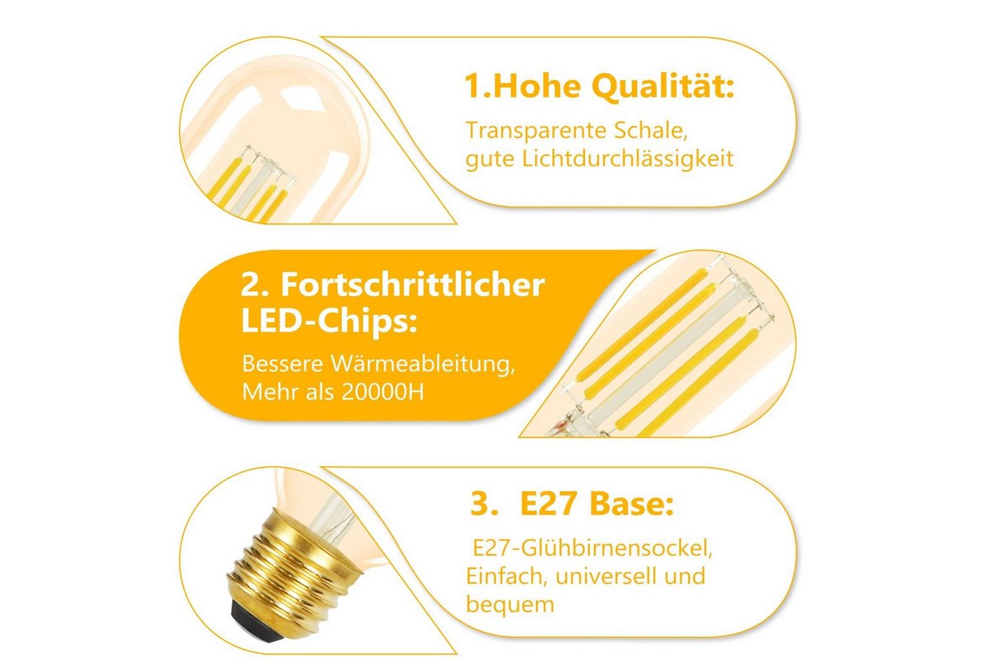 ZMH LED-Leuchtmittel T45 E27, LED Glühbirne 4 W, 2700 K warmweiß, E27, 4 St., 2700K, Vintage Filament, nicht dimmbar – Bild 2 von 5