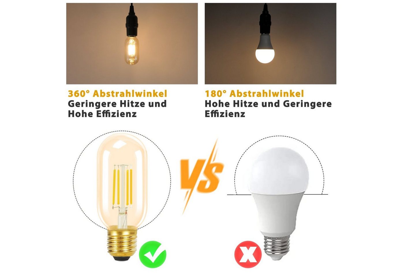 ZMH LED-Leuchtmittel T45 E27, LED Glühbirne 4 W, 2700 K warmweiß, E27, 4 St., 2700K, Vintage Filament, nicht dimmbar – Bild 3 von 5