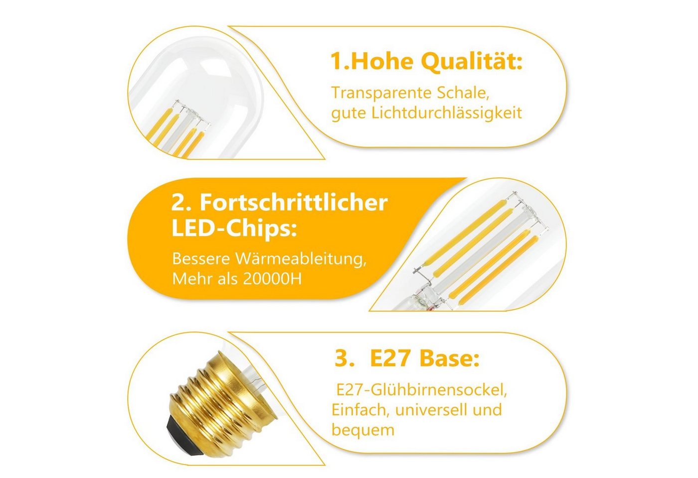 ZMH LED-Leuchtmittel T45 E27, LED Glühbirne 4 W, 2700 K warmweiß, 4 St., 2700k, Vintage Filament, nicht dimmbar – Bild 2 von 5