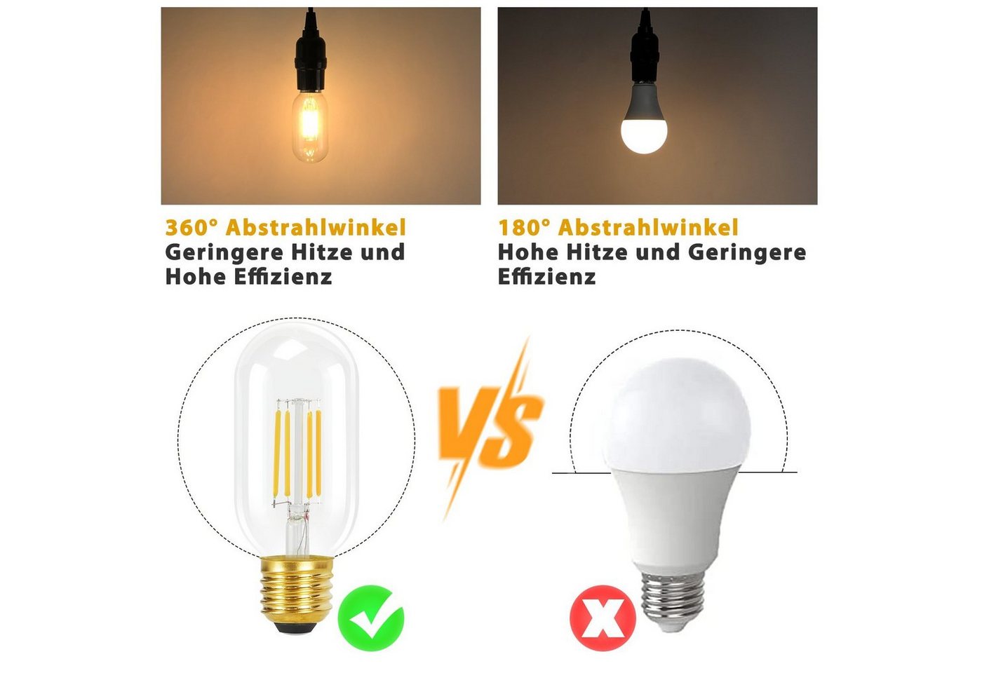 ZMH LED-Leuchtmittel T45 E27, LED Glühbirne 4 W, 2700 K warmweiß, 4 St., 2700k, Vintage Filament, nicht dimmbar – Bild 3 von 5