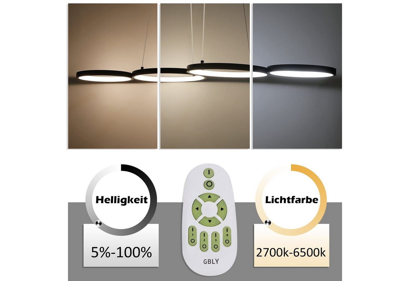 ZMH LED Pendelleuchte Esstisch 88 cm, 4-Ring Hängeleuchte und Hängelampe, dimmbar, LED fest integriert, warmweiß-kaltweiß, höhenverstellbar,mit Fernbedienung – Bild 3 von 5