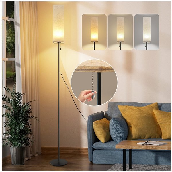 ZMH LED Stehlampe Dimmbar Retro Standleuchte Stoffschirm Wohnzimmer mit Seilzugschalter, Beige Lampenschirm Retro Stoff Leselampe für Schlafzimmer