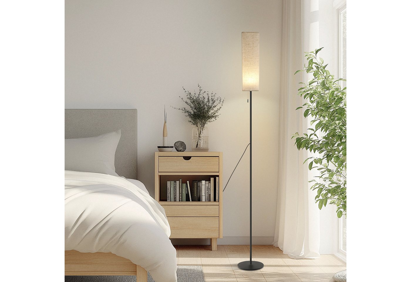 ZMH LED Stehlampe Dimmbar Retro Standleuchte Stoffschirm Wohnzimmer mit Seilzugschalter, Beige Lampenschirm Retro Stoff Leselampe für Schlafzimmer – Bild 2 von 5