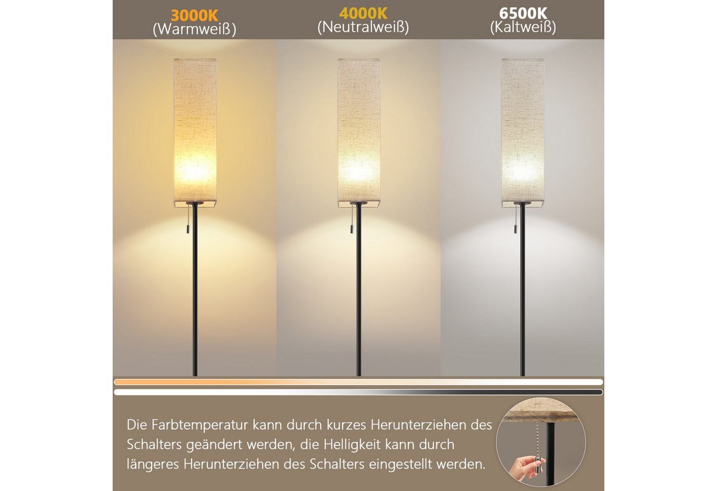 ZMH LED Stehlampe Dimmbar Retro Standleuchte Stoffschirm Wohnzimmer mit Seilzugschalter, Beige Lampenschirm Retro Stoff Leselampe für Schlafzimmer – Bild 3 von 5