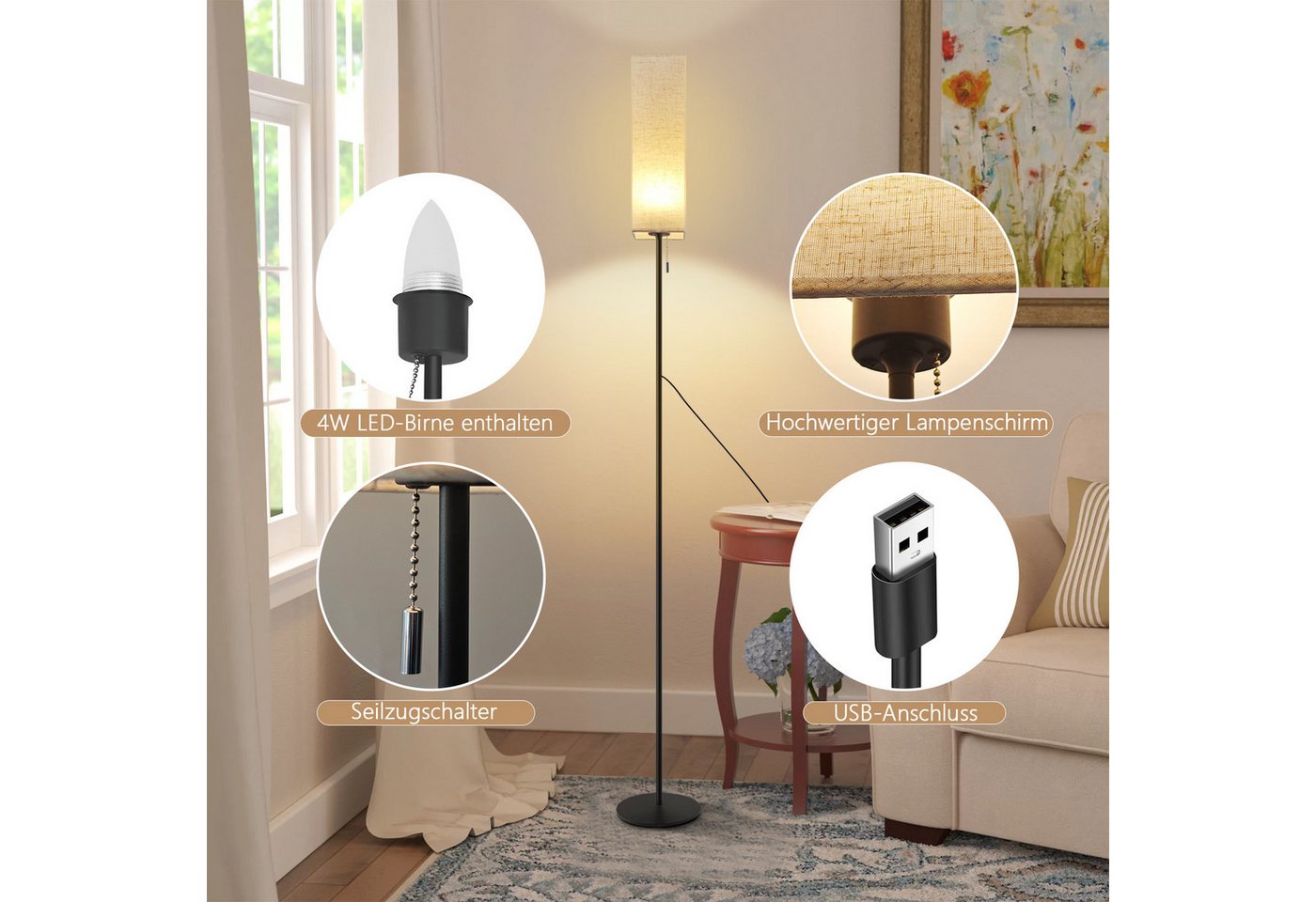 ZMH LED Stehlampe Dimmbar Retro Standleuchte Stoffschirm Wohnzimmer mit Seilzugschalter, Beige Lampenschirm Retro Stoff Leselampe für Schlafzimmer – Bild 4 von 5
