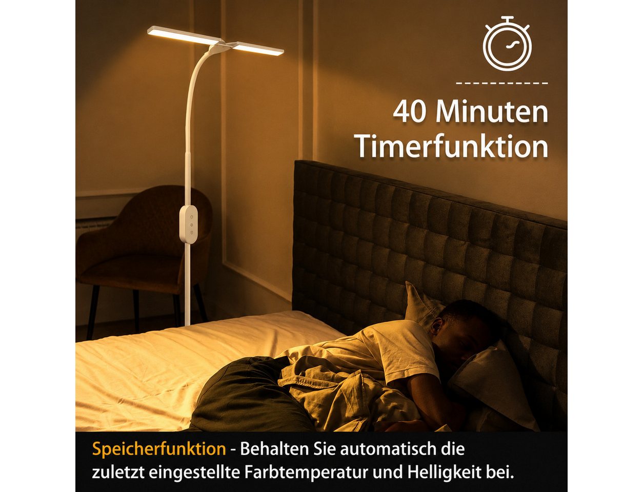ZMH LED Stehlampe Wohnzimmer dimmbar Leselampe Modern Metall Stehleuchte Schlafzimmer, dimmbar, LED fest integriert, Warmweiß-Neutralweiß-Kaltweiß, Timer,Memory – Bild 2 von 5