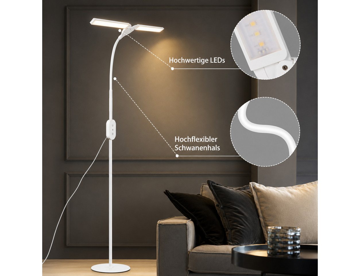 ZMH LED Stehlampe Wohnzimmer dimmbar Leselampe Modern Metall Stehleuchte Schlafzimmer, dimmbar, LED fest integriert, Warmweiß-Neutralweiß-Kaltweiß, Timer,Memory – Bild 3 von 5