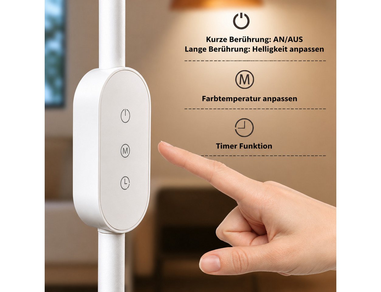 ZMH LED Stehlampe Wohnzimmer dimmbar Leselampe Modern Metall Stehleuchte Schlafzimmer, dimmbar, LED fest integriert, Warmweiß-Neutralweiß-Kaltweiß, Timer,Memory – Bild 4 von 5