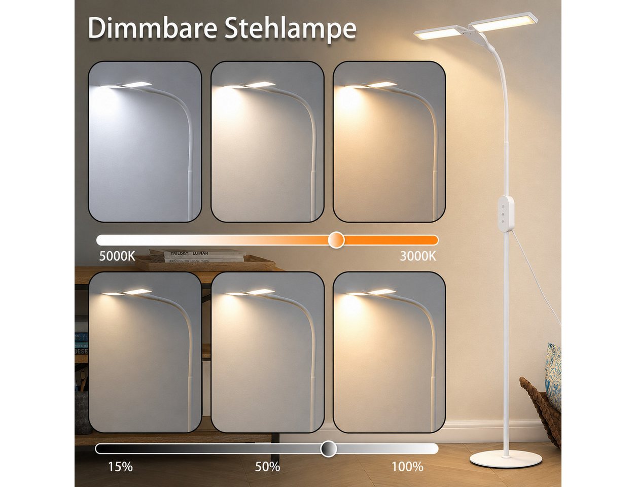 ZMH LED Stehlampe Wohnzimmer dimmbar Leselampe Modern Metall Stehleuchte Schlafzimmer, dimmbar, LED fest integriert, Warmweiß-Neutralweiß-Kaltweiß, Timer,Memory – Bild 5 von 5