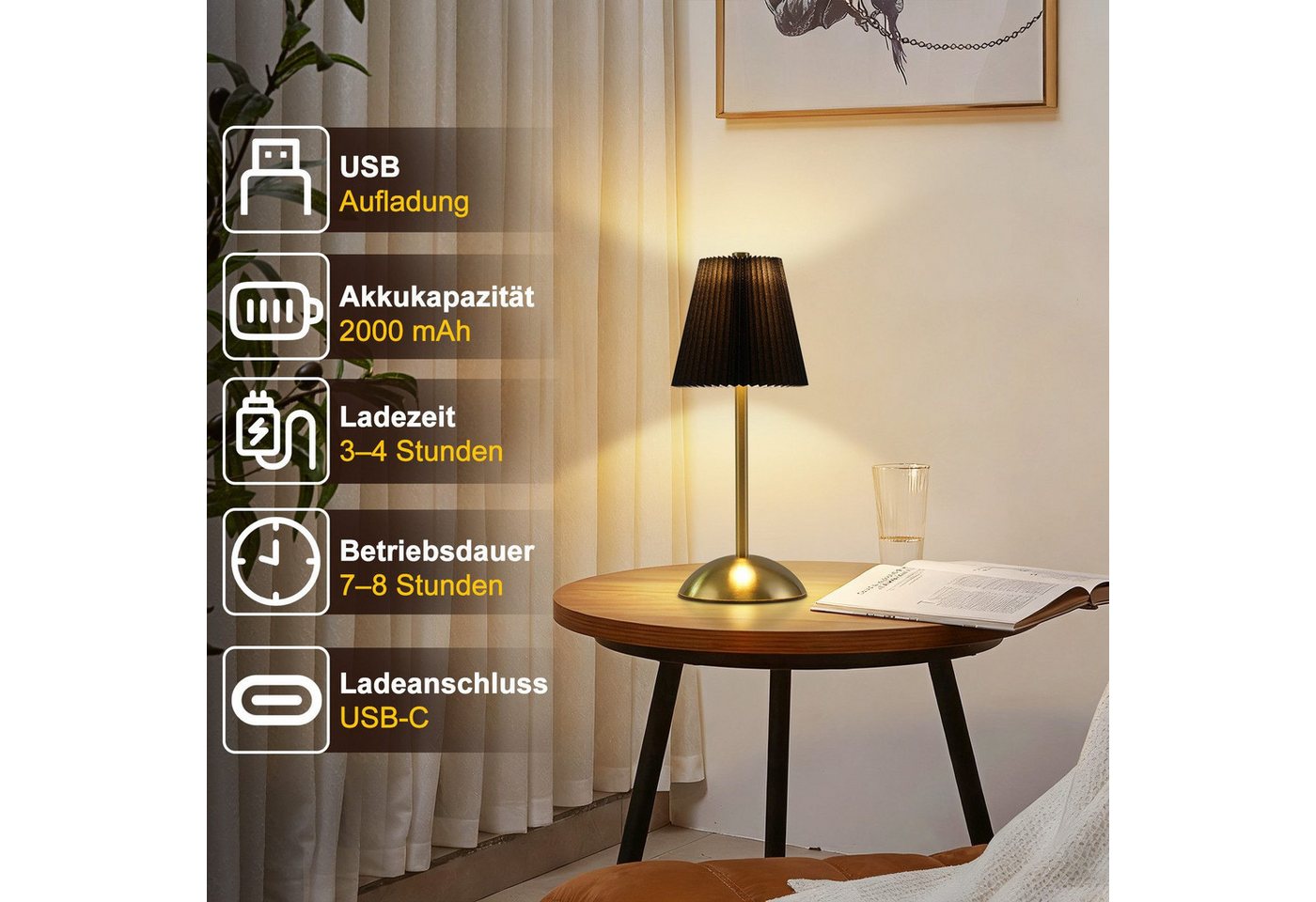 ZMH LED Tischleuchte 2er-Set, kabellose Akku-Nachttischlampe mit Stoffschirm, 3 Lichtfarben, LED fest integriert, 3000-6500K, Touch dimmbar, USB-C – Bild 2 von 5