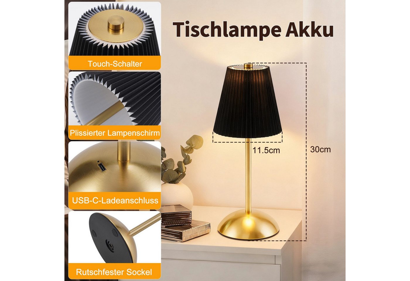 ZMH LED Tischleuchte 2er-Set, kabellose Akku-Nachttischlampe mit Stoffschirm, 3 Lichtfarben, LED fest integriert, 3000-6500K, Touch dimmbar, USB-C – Bild 3 von 5