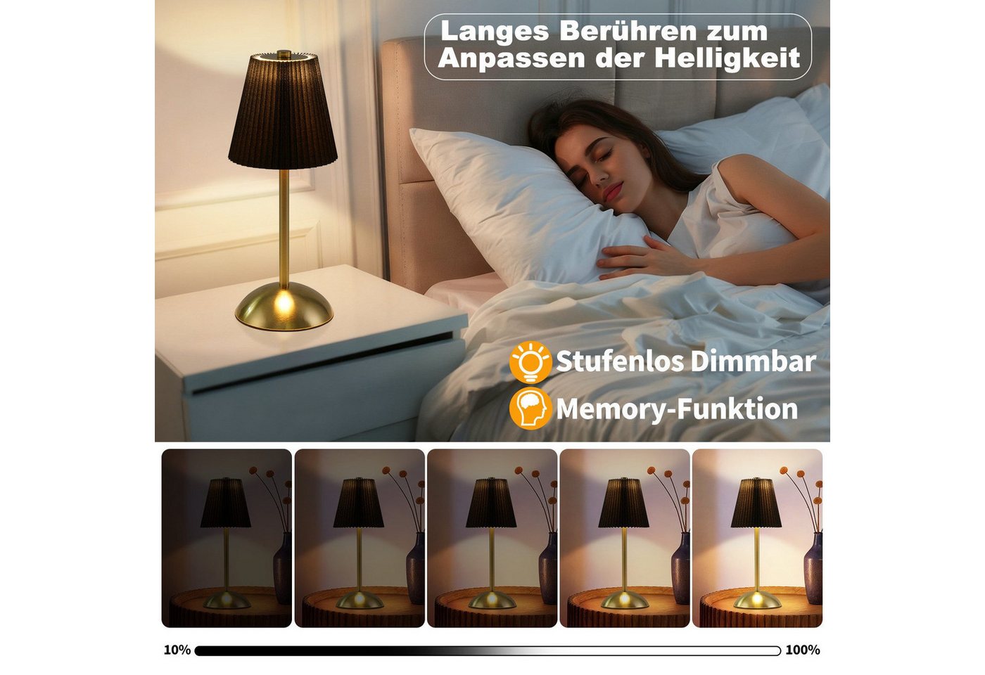 ZMH LED Tischleuchte 2er-Set, kabellose Akku-Nachttischlampe mit Stoffschirm, 3 Lichtfarben, LED fest integriert, 3000-6500K, Touch dimmbar, USB-C – Bild 5 von 5