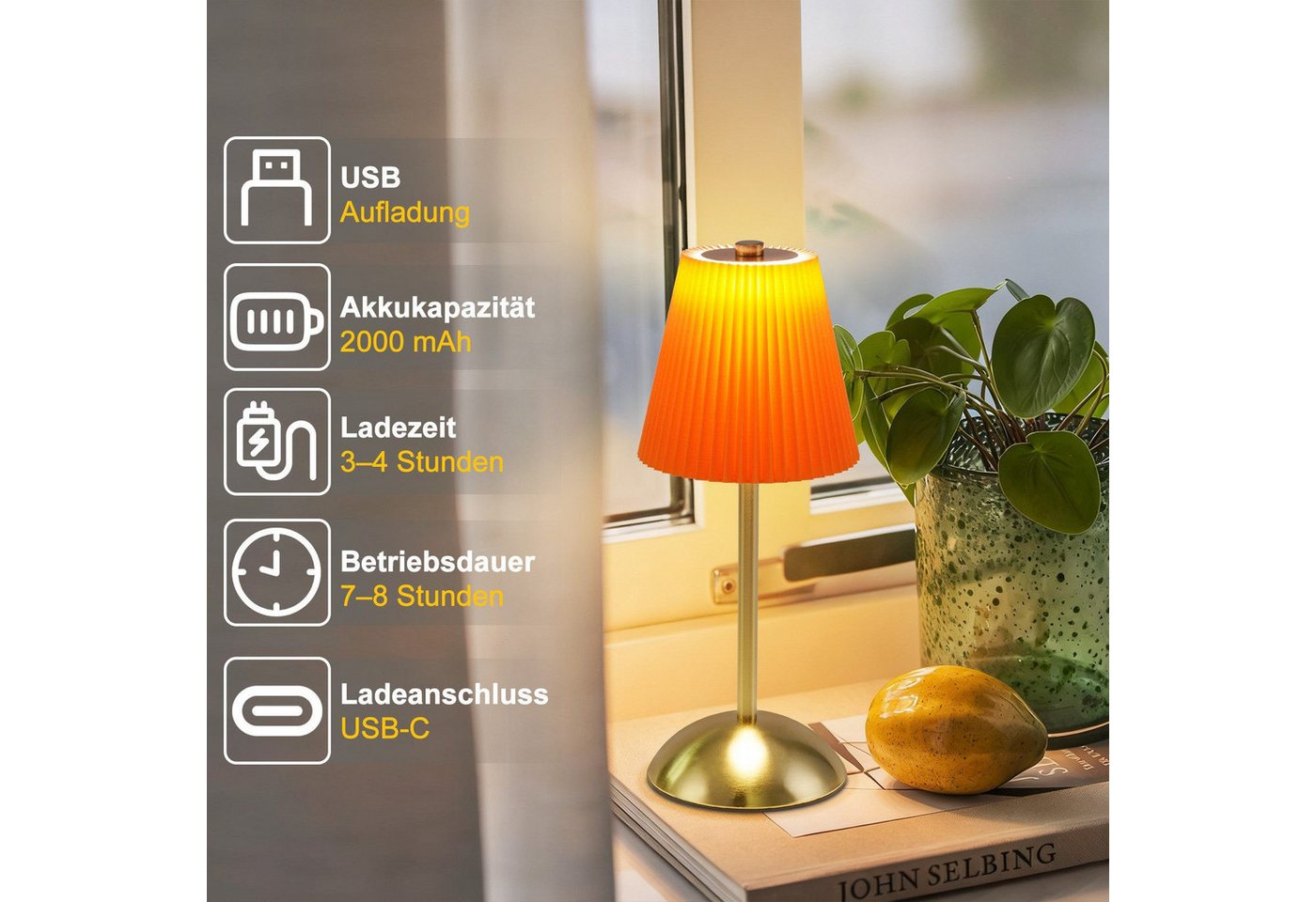 ZMH LED Tischleuchte 2er-Set, kabellose Akku-Nachttischlampe mit Stoffschirm, 3 Lichtfarben, LED fest integriert, 3000-6500K, Touch dimmbar, USB-C – Bild 2 von 5