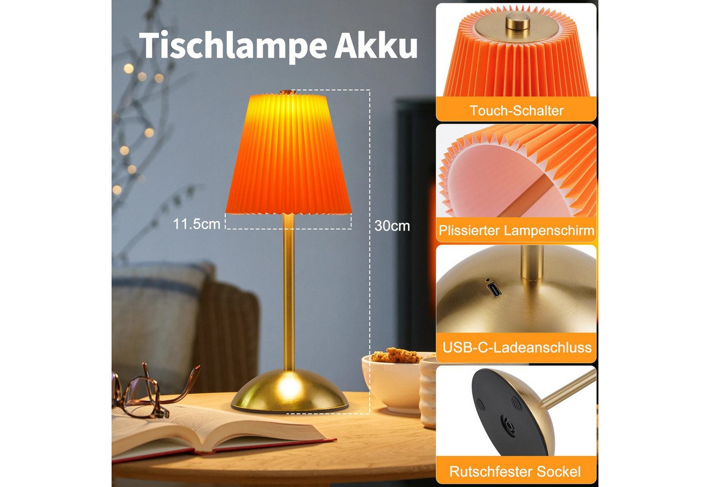 ZMH LED Tischleuchte 2er-Set, kabellose Akku-Nachttischlampe mit Stoffschirm, 3 Lichtfarben, LED fest integriert, 3000-6500K, Touch dimmbar, USB-C – Bild 4 von 5