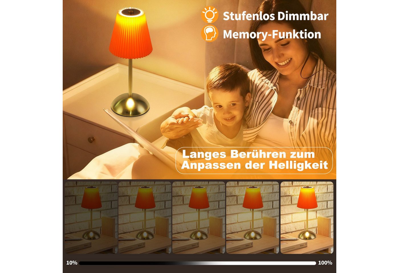 ZMH LED Tischleuchte 2er-Set, kabellose Akku-Nachttischlampe mit Stoffschirm, 3 Lichtfarben, LED fest integriert, 3000-6500K, Touch dimmbar, USB-C – Bild 5 von 5