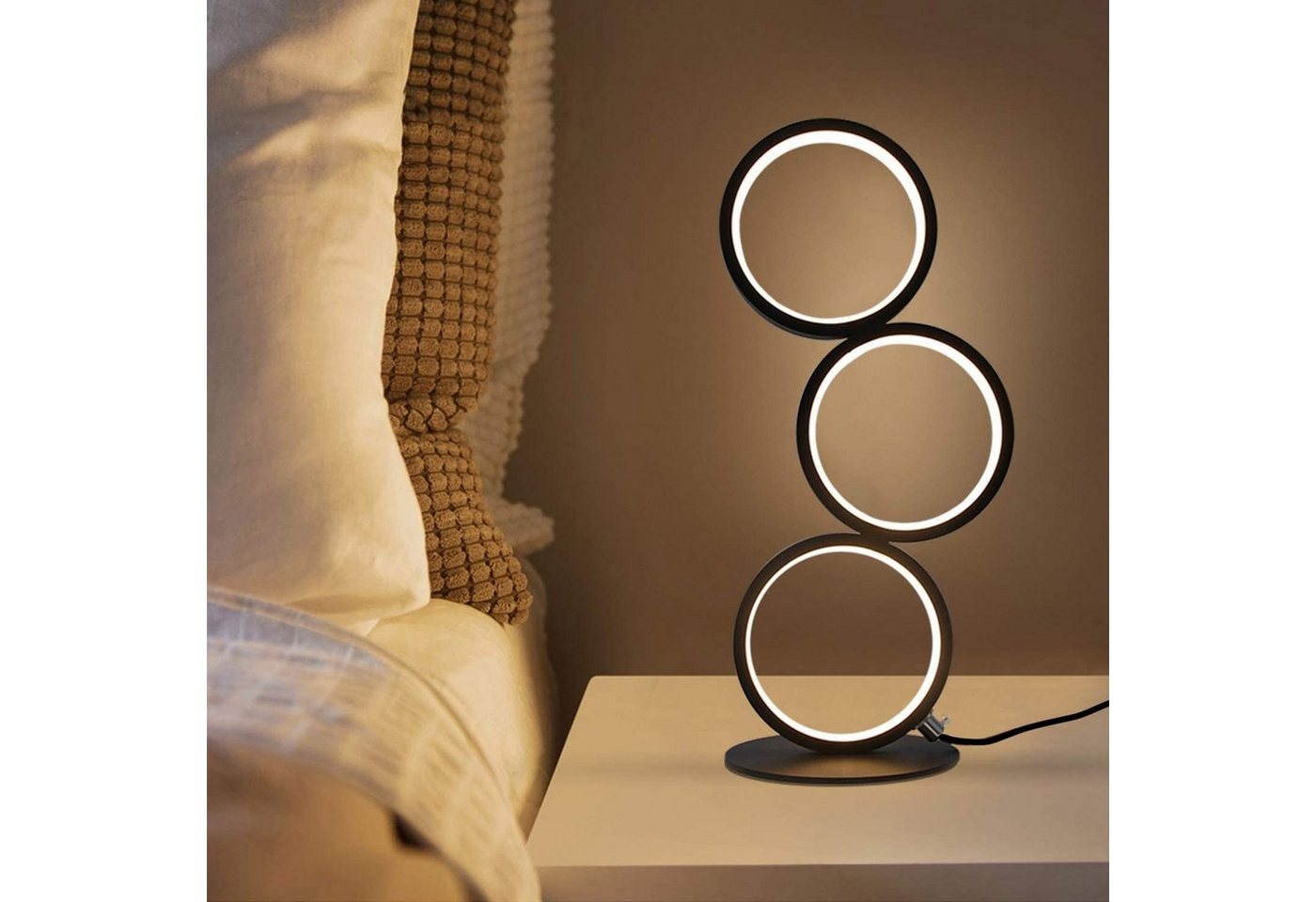 ZMH LED Tischleuchte 3-Ring-Design Schwarz, 12 W, 1000 lm, stufenlos dimmbar, 3000–6000 K, mit Kabelcontroller, LED fest integriert, Warmweiß bis Kaltweiß – Bild 2 von 5