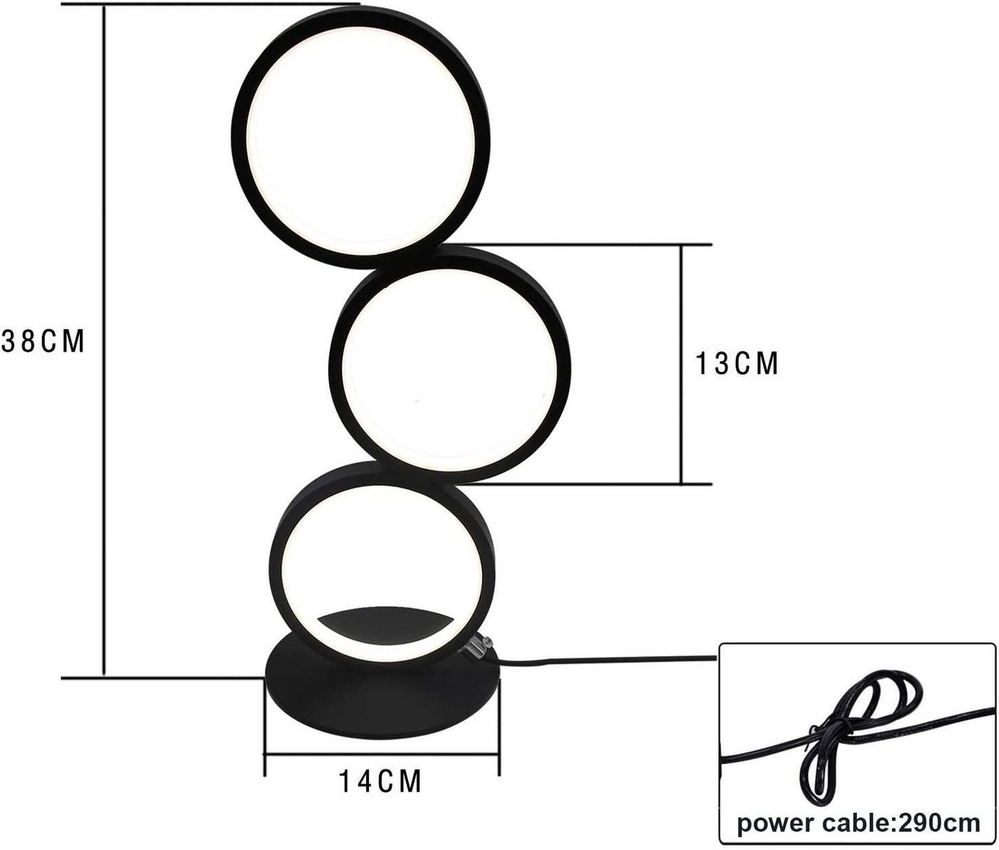 ZMH LED Tischleuchte 3-Ring-Design Schwarz, 12 W, 1000 lm, stufenlos dimmbar, 3000–6000 K, mit Kabelcontroller, LED fest integriert, Warmweiß bis Kaltweiß – Bild 5 von 5