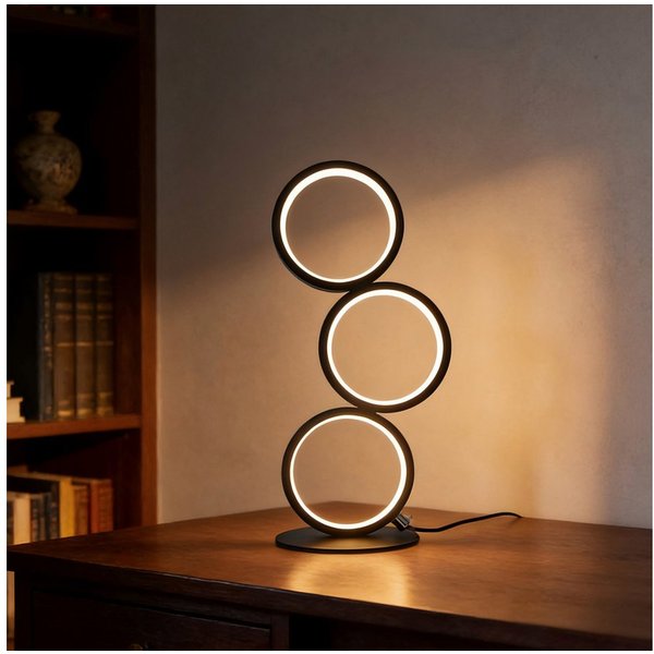 ZMH LED Tischleuchte 3-Ring-Design Schwarz, 12 W, 1000 lm, stufenlos dimmbar, 3000–6000 K, mit Kabelcontroller, LED fest integriert, Warmweiß bis Kaltweiß