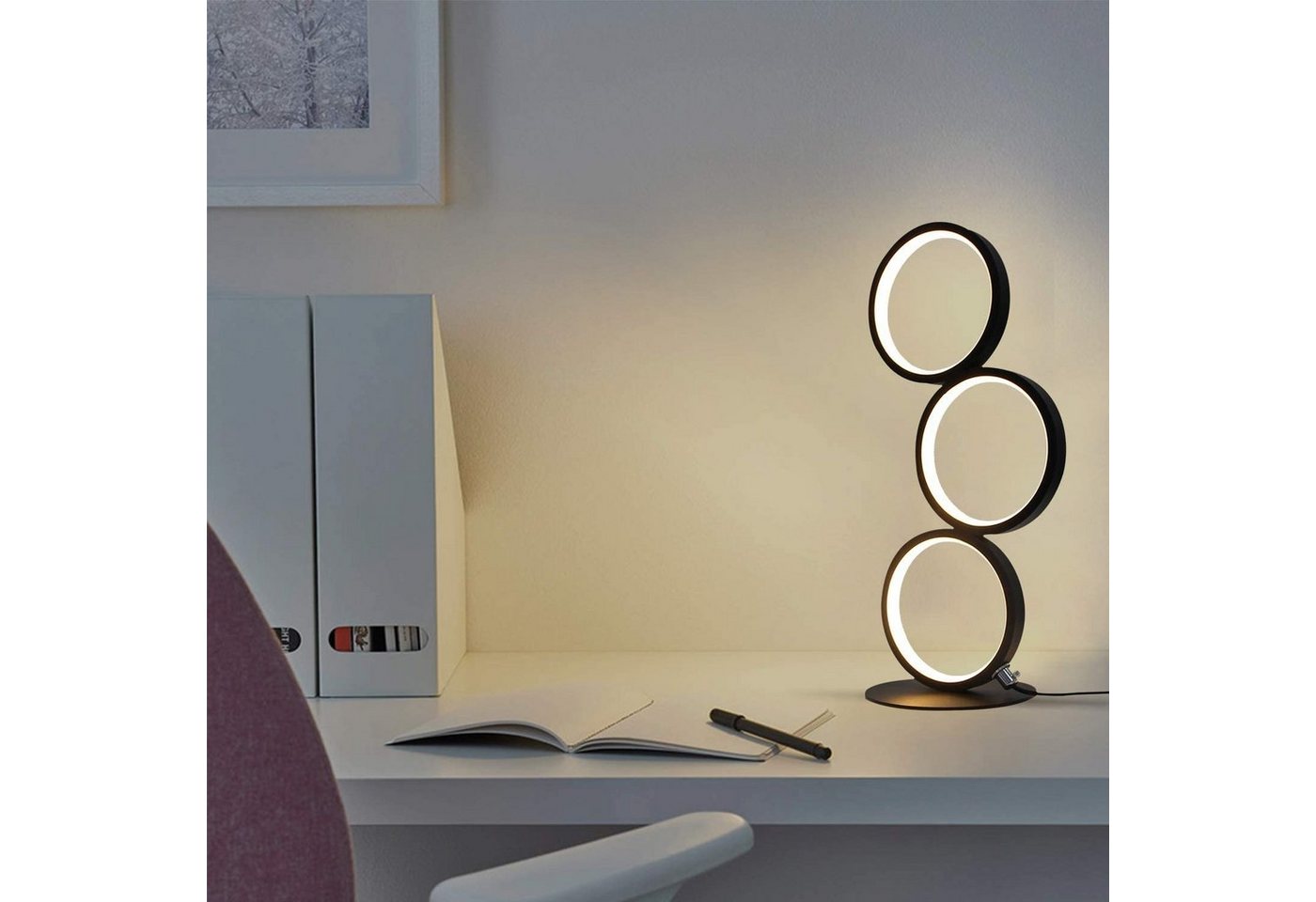 ZMH LED Tischleuchte 3-Ring-Design Schwarz, 12 W, 1000 lm, stufenlos dimmbar, 3000–6000 K, mit Kabelcontroller, LED fest integriert, Warmweiß bis Kaltweiß – Bild 3 von 5