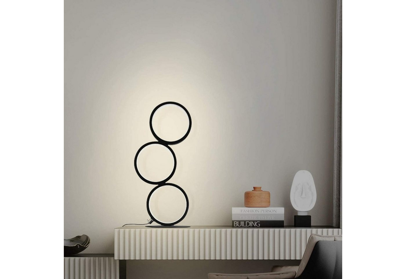 ZMH LED Tischleuchte 3-Ring-Design Schwarz, 12 W, 1000 lm, stufenlos dimmbar, 3000–6000 K, mit Kabelcontroller, LED fest integriert, Warmweiß bis Kaltweiß – Bild 4 von 5