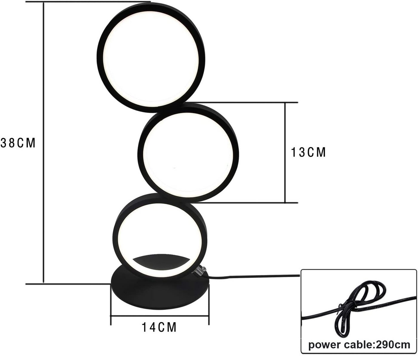 ZMH LED Tischleuchte 3-Ring-Design Schwarz, 12 W, 1000 lm, stufenlos dimmbar, 3000–6000 K, mit Kabelcontroller, LED fest integriert, Warmweiß bis Kaltweiß – Bild 5 von 5