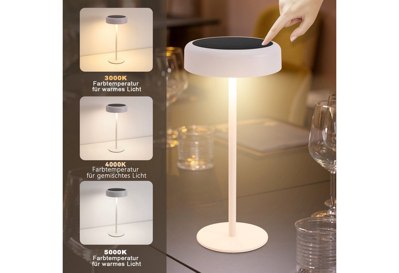 ZMH LED Tischleuchte Akku, kabellose Tischlampe mit USB-C- und Solaraufladung, Touch-Dimmer, 3 Farbtemperaturen 3000K/4000K/5000K, 3600 mAh, LED fest integriert – Bild 2 von 5