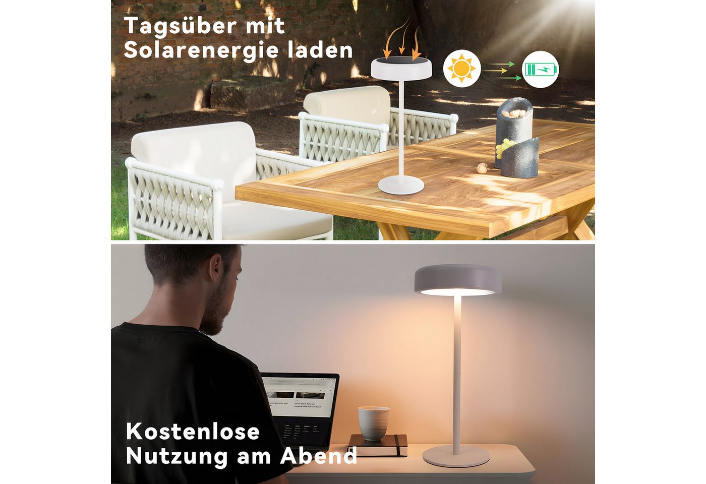 ZMH LED Tischleuchte Akku, kabellose Tischlampe mit USB-C- und Solaraufladung, Touch-Dimmer, 3 Farbtemperaturen 3000K/4000K/5000K, 3600 mAh, LED fest integriert – Bild 4 von 5